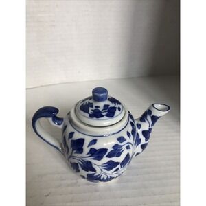 Andrea by Sadek Miniature Teapot Porcelain White with Blue Leaf‎  Design